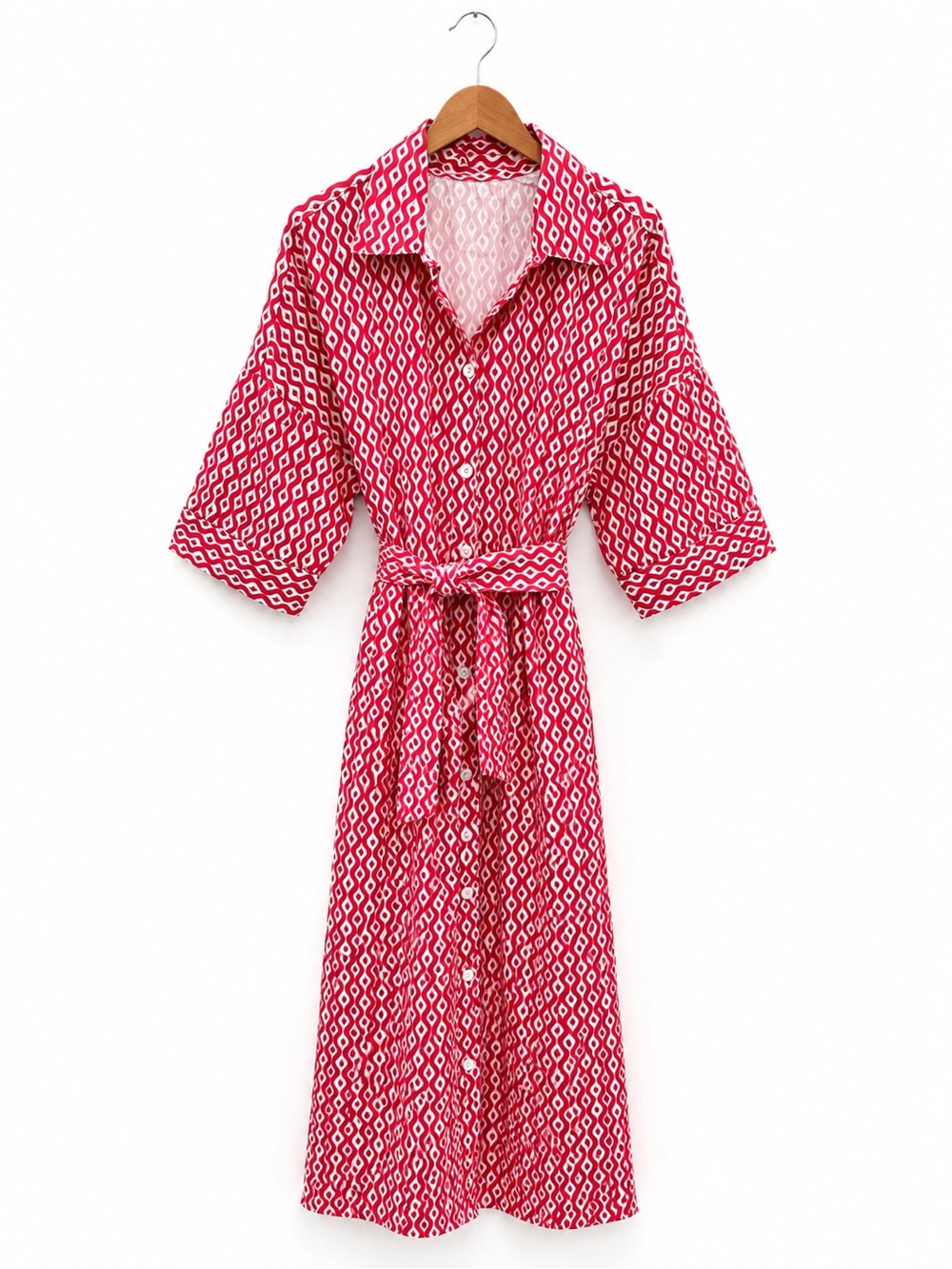 Red Geometric Print Women's Shirt Dress with Belt